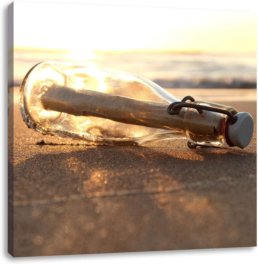 Flaschenpost am Strand, Format: 70x70 auf Leinwand, XXL riesige Bilder fertig gerahmt mit Keilrahmen