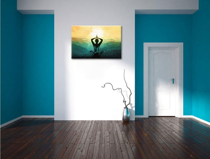 Pixxprint Yoga und Meditation in den Bergen Kunst Pinsel Effekt, Format: 100x70 auf Leinwand, XXL ri