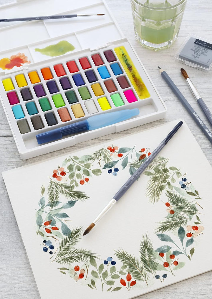 Faber-Castell 169736 - Aquarellfarben, 36 Stück in Näpfchen, inklusive Wassertankpinsel Einheitsgrös