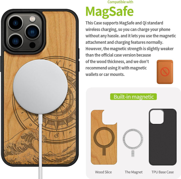 Carveit Holz Cover für iPhone 15 Pro Max Handyhulle kompatibel mit MagSafe Massivholz für Apple 15 p