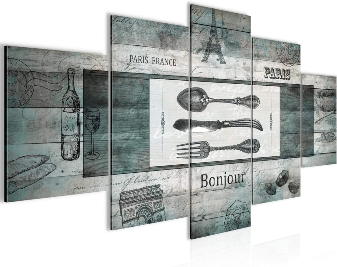 Runa Art Bild Esszimmer Küchenbilder Küche Holz 5 Teilig Vintage Besteck Türkis Wandbilder auf Vlies