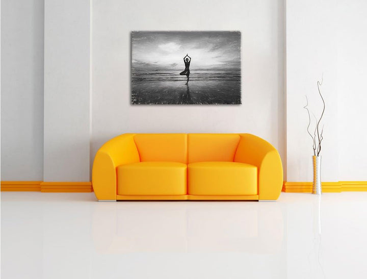 Pixxprint Yoga am Strand Kunst / 100x70cm Leinwandbild bespannt auf Holzrahmen/Wandbild Kunstdruck D