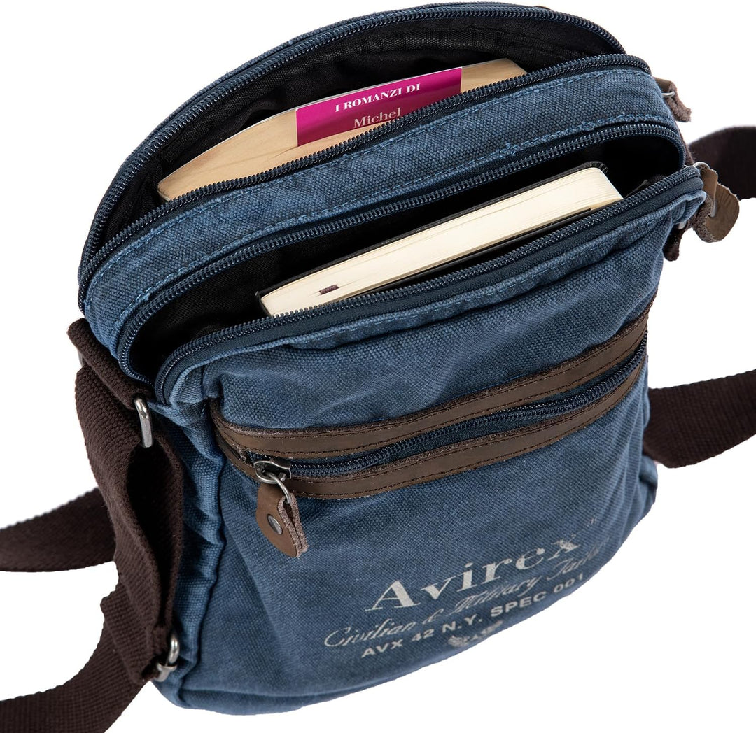 Avirex Umhängetasche aus Canvas und Rindsleder, antik, Umhängetasche für Herren im Militärstil, Koll