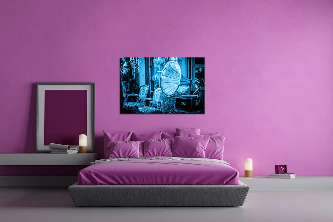 deyoli nostalgischer Plattenspieler Format 80x60 Effekt: Monocrome Blau als Leinwandbild, Motiv fert