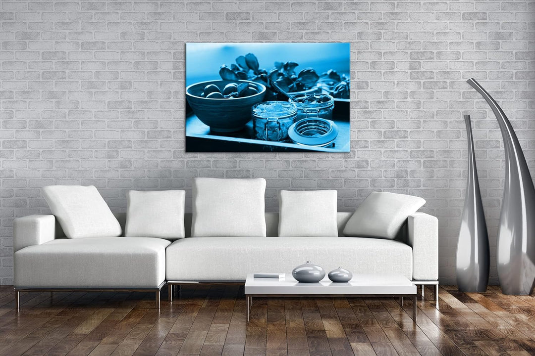 deyoli Tomaten mit Schafskäse Format 80x60 Effekt: Monocrome Blau als Leinwandbild, Motiv fertig ger