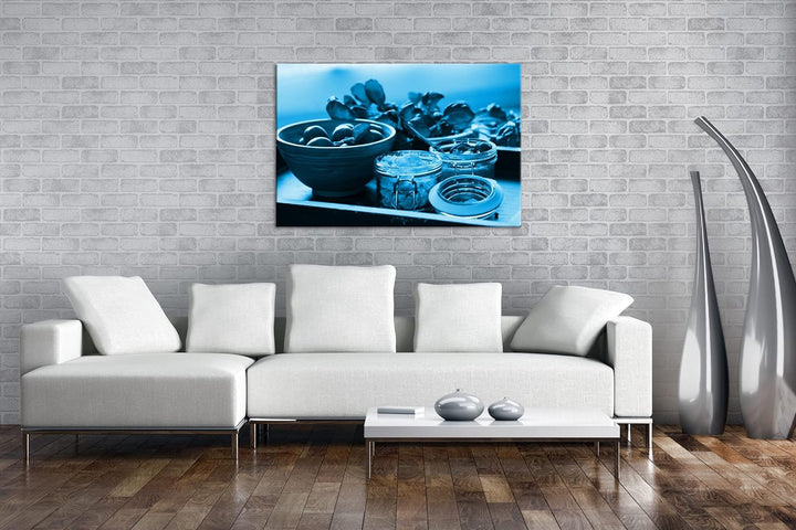 deyoli Tomaten mit Schafskäse Format 80x60 Effekt: Monocrome Blau als Leinwandbild, Motiv fertig ger