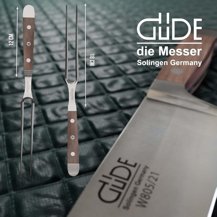 GÜDE Solingen - Fleischgabel geschmiedet, 18 cm, Walnussholz, ALPHA WALNUSS, Doppelkropf, Handmade G