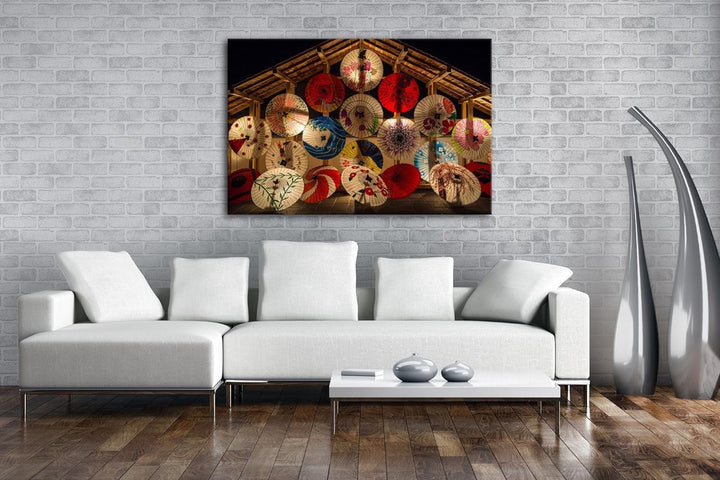 deyoli viele bunte japanische Regenschirme Format: 100x70 als Leinwand, Motiv fertig gerahmt auf Ech