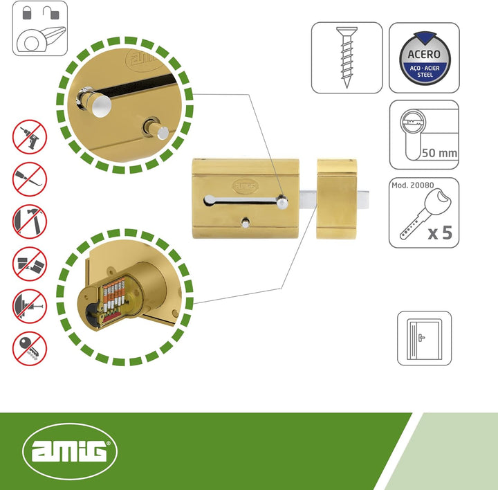 Amig - Hohe Sicherheit Klappschloss für Holztüren | Mod. 15 PLUS | 98 x 77 mm | mit rundem Sicherhei