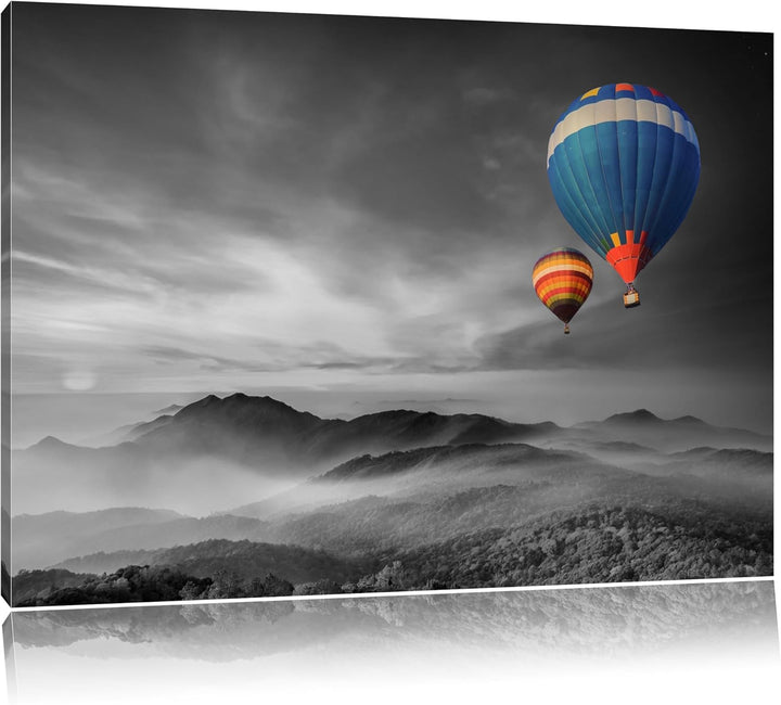 Heissluftballons über den Wäldern der Alpen schwarz/weiss Format: 100x70 auf Leinwand, XXL riesige B