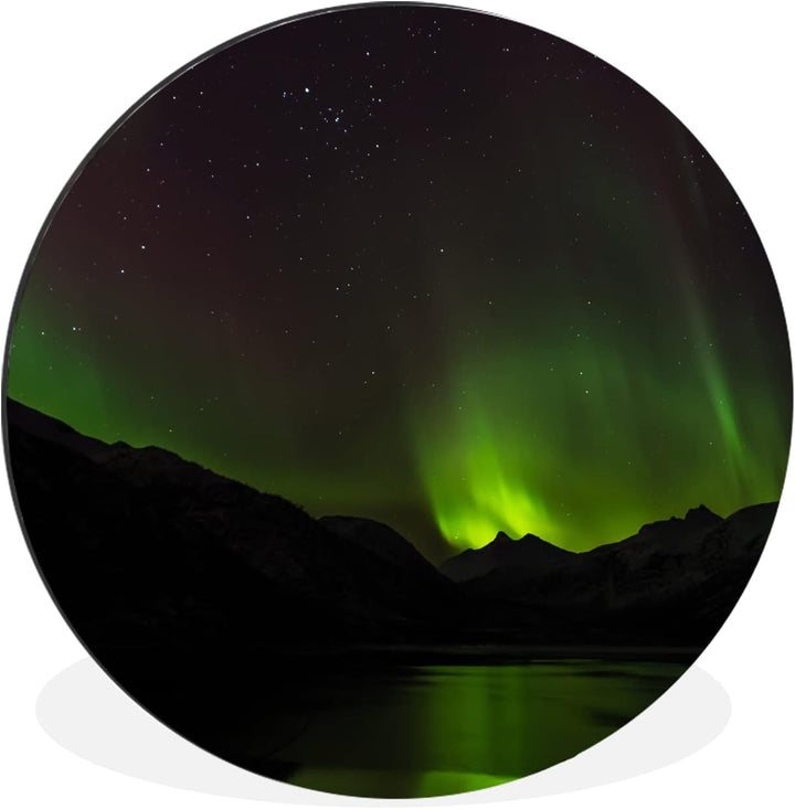 MuchoWow Wandbild Rund Wanddeko Deko Wohnzimmer Bilder 30x30 cm Aurora - Sternenhimmel - Berge, 30x3