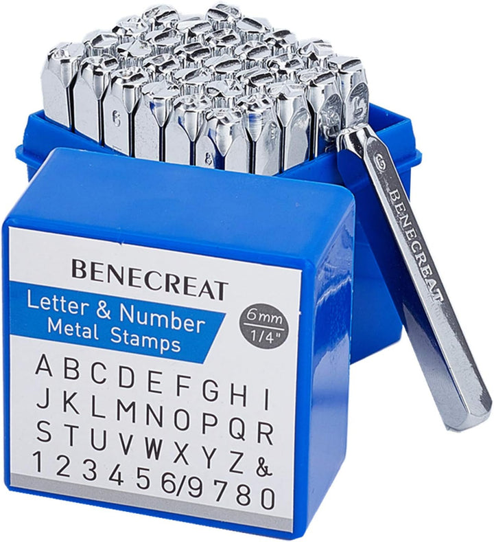 BENECREAT 36PCS 1/4 "6mm Buchstaben und Zahlenmetallstempelset Galvanisierter Lochstempel aus Kohlen