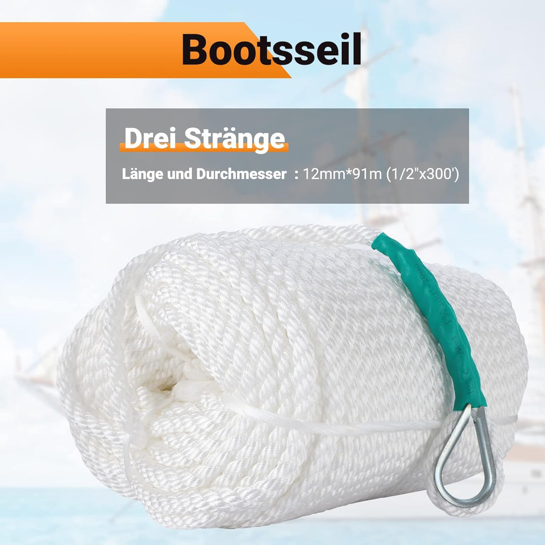 CarBole Tauwerk für Boote,Bootsseil,Nylon Seil,1/2"x300' (12mm*91m),Dock Line Rope 12mm 2653KG (5850