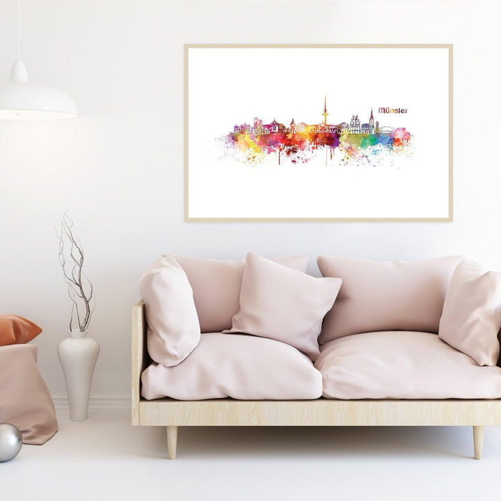 JUNIWORDS Poster mit/ohne Holzrahmen, Wähle ein Motiv, Aquarell Skyline Münster, Wähle eine Grösse,