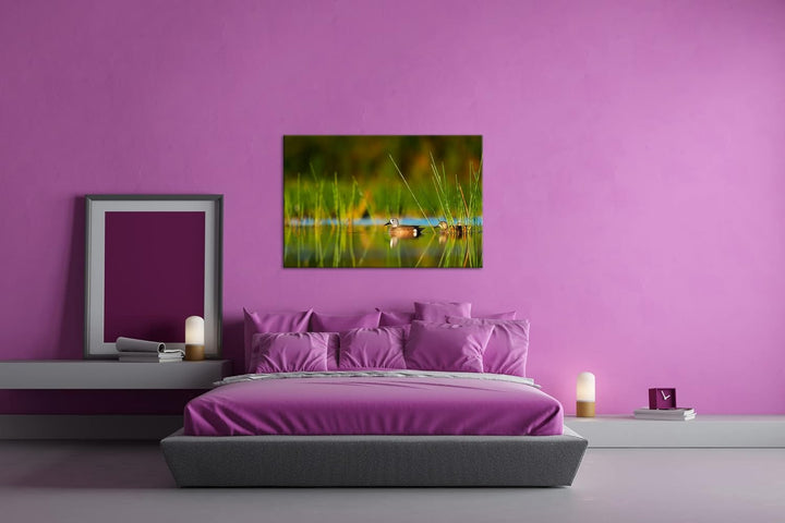 deyoli ruhige Enten auf einem See Format: 100x70 als Leinwand, Motiv fertig gerahmt auf Echtholzrahm