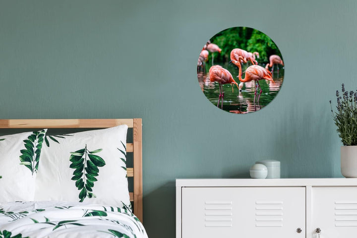 MuchoWow Wandbild Rund Wanddeko Deko Wohnzimmer Bilder 30x30 cm Flamingo - Tropisch - Vogel - Wasser