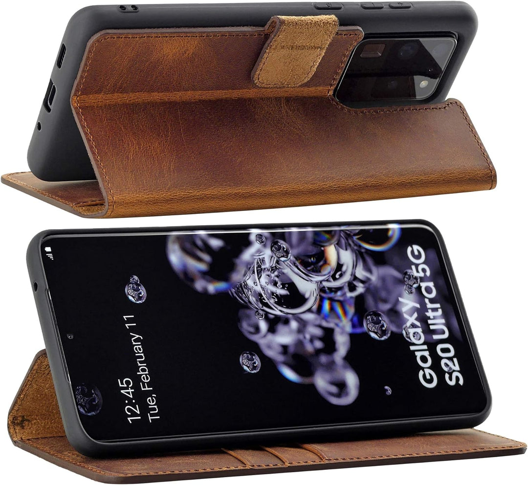 Suncase Book-Style Hülle kompatibel mit Samsung Galaxy S20 Ultra Leder Tasche (Slim-Fit) Lederhülle