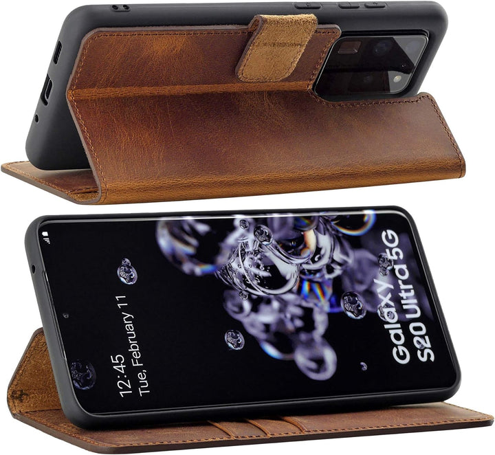 Suncase Book-Style Hülle kompatibel mit Samsung Galaxy S20 Ultra Leder Tasche (Slim-Fit) Lederhülle