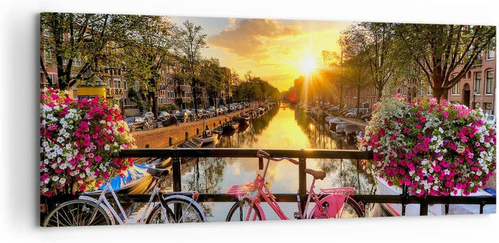 ARTTOR Wandbilder Dekoration Wohnzimmer Bikes Kanal Amsterdam Architektur Bilder auf Leinwand 120x50