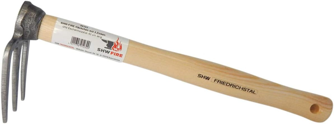 SHW-FIRE Handhacke: 3-Zinken Gartenhacke mit Eschenholzstiel - 40cm kurz - hochwertig geschmiedet