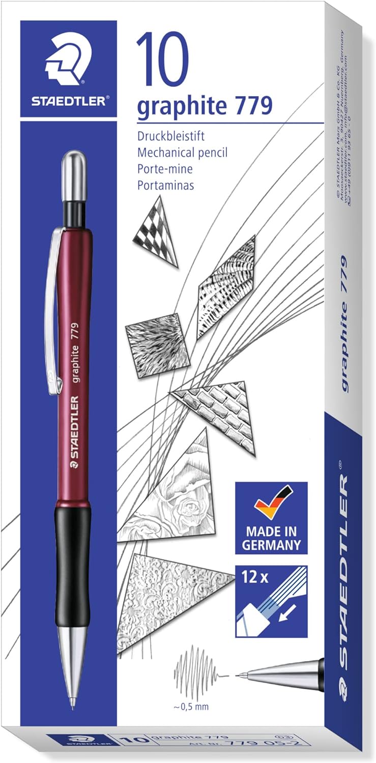 STAEDTLER 779 05-2 Druckbleistift graphite gefüllt mit B-Minen, Minendurchmesser 0.5 mm, 10 Stück im