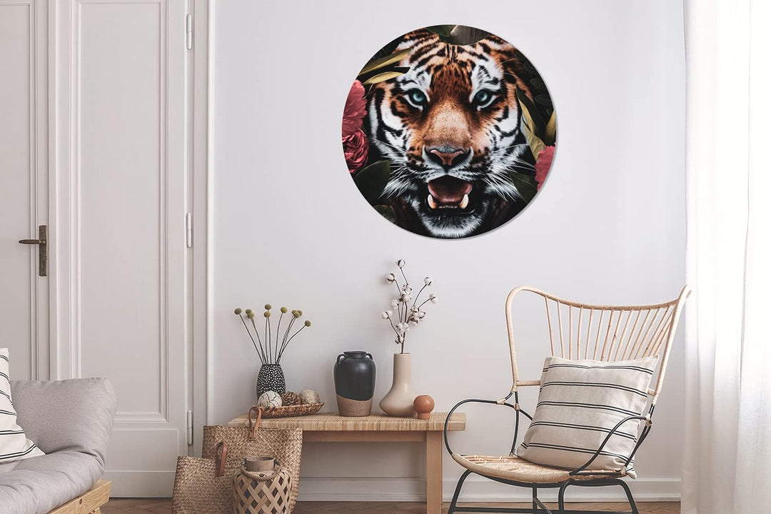 MuchoWow Wandbild Rund Wanddeko Deko Wohnzimmer Bilder 90x90 cm Tiger - Blumen - Dschungel, 90x90 cm