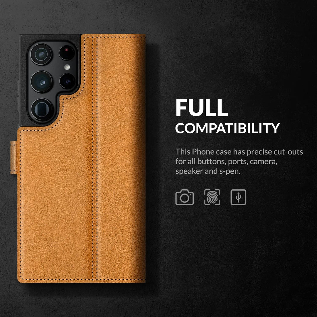 SURAZO Handyhülle für Samsung Galaxy S23 Ultra Hülle Leder – Klappbare Echtleder Schutzhülle [Magnet
