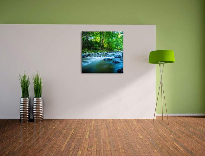 Fluss mit Steinen, Format: 70x70 auf Leinwand, XXL riesige Bilder fertig gerahmt mit Keilrahmen, Kun