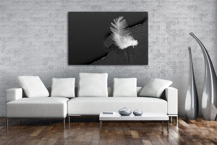 deyoli schöne Feder mit Wassertropfen Effekt: Schwarz/Weiss im Format: 60x40 als Leinwandbild, Motiv