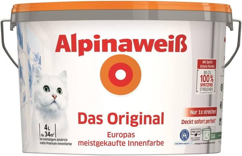 Alpinaweiss - Das Original, 4 Liter, weisse Wandfarbe, höchste Deckkraft, deckt beim ersten Anstrich