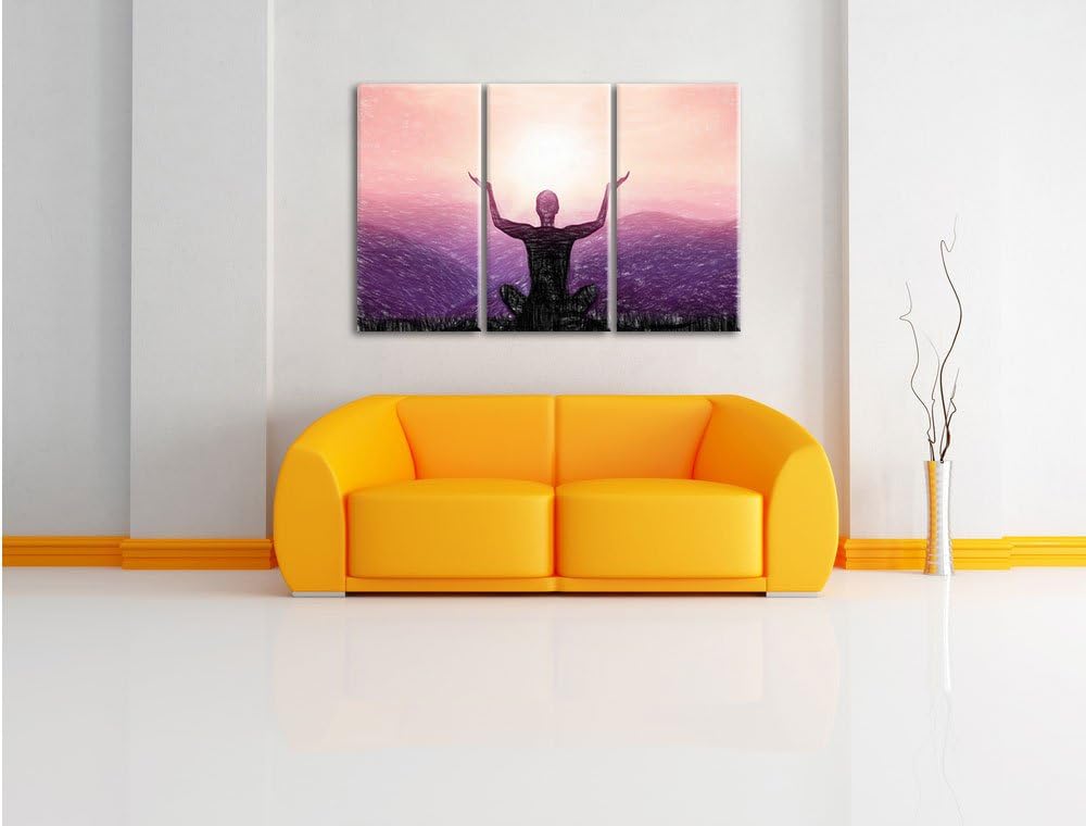 Pixxprint Yoga in den Bergen Kunst Buntstift Effekt 3-Teiler Leinwandbild 120x80 Bild auf Leinwand