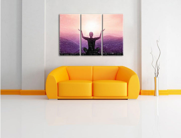 Pixxprint Yoga in den Bergen Kunst Buntstift Effekt 3-Teiler Leinwandbild 120x80 Bild auf Leinwand