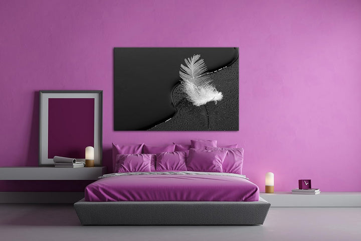 deyoli schöne Feder mit Wassertropfen Effekt: Schwarz/Weiss im Format: 60x40 als Leinwandbild, Motiv