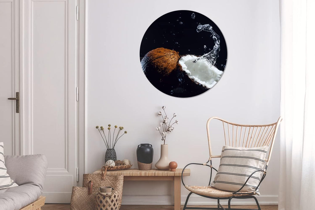 MuchoWow Wandbild Rund Wanddeko Deko Wohnzimmer Bilder 90x90 cm Kokosnuss - Stillleben - Wasser - Sc