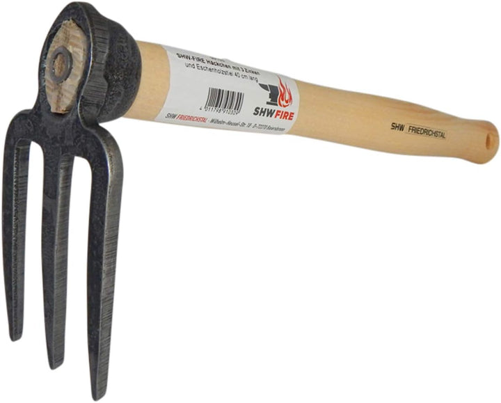 SHW-FIRE Handhacke: 3-Zinken Gartenhacke mit Eschenholzstiel - 40cm kurz - hochwertig geschmiedet