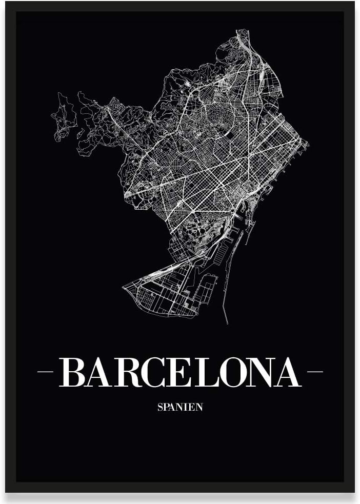 JUNIWORDS Stadtposter, Barcelona, Wähle eine Grösse, 21 x 30 cm, Poster mit Rahmen, Schrift A, Schwa