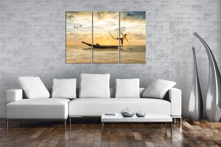 deyoli verspielter Fischer auf seinem Boot Format: 3Teilig als Leinwandbild, Motiv fertig gerahmt au