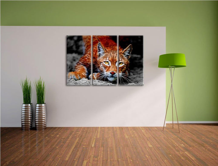 grosser wachsamer Luchs schwarz/weiss Deluxe 3-Teiler Leinwandbild 120x80 Bild auf Leinwand, XXL rie