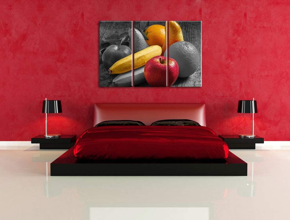 Frisches Obst auf Holztisch schwarz/weiss 3-Teiler Leinwandbild 120x80 Bild auf Leinwand, XXL riesig