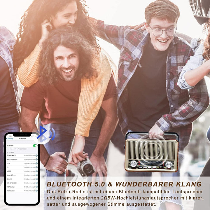 Retro Radio Bluetooth 5.0, Sentasi Nostalgie Radio mit 1200mAh Wiederaufladbare Batterie, AM SW FM V