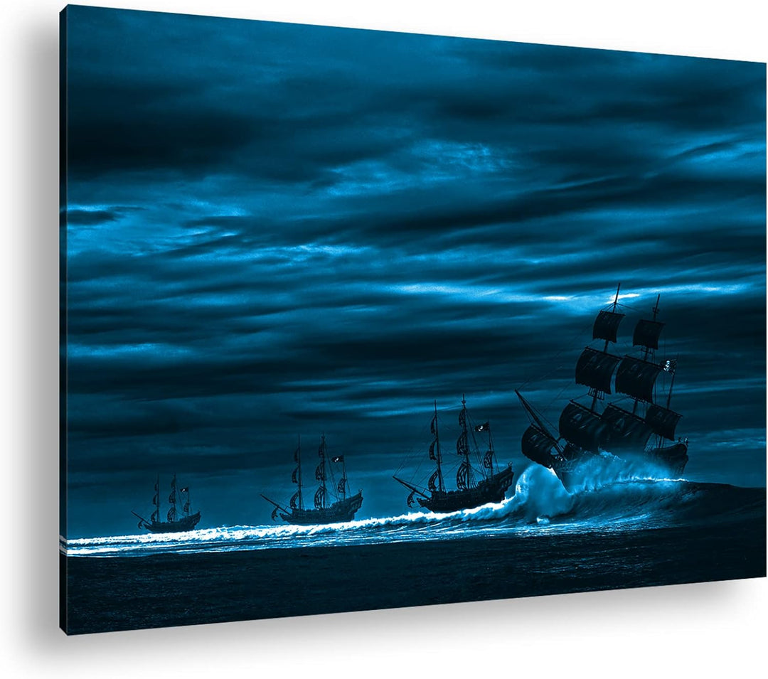 deyoli Piratenschiffe auf hoher See Format: 80x60 Effekt: Monocrome Blau als Leinwandbild, Motiv fer