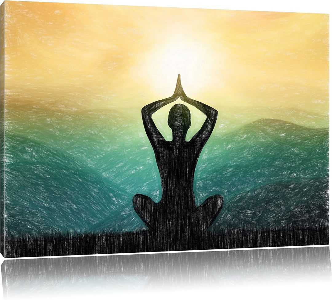 Pixxprint Yoga und Meditation in den Bergen Kunst Buntstift Effekt, Format: 100x70 auf Leinwand, 100