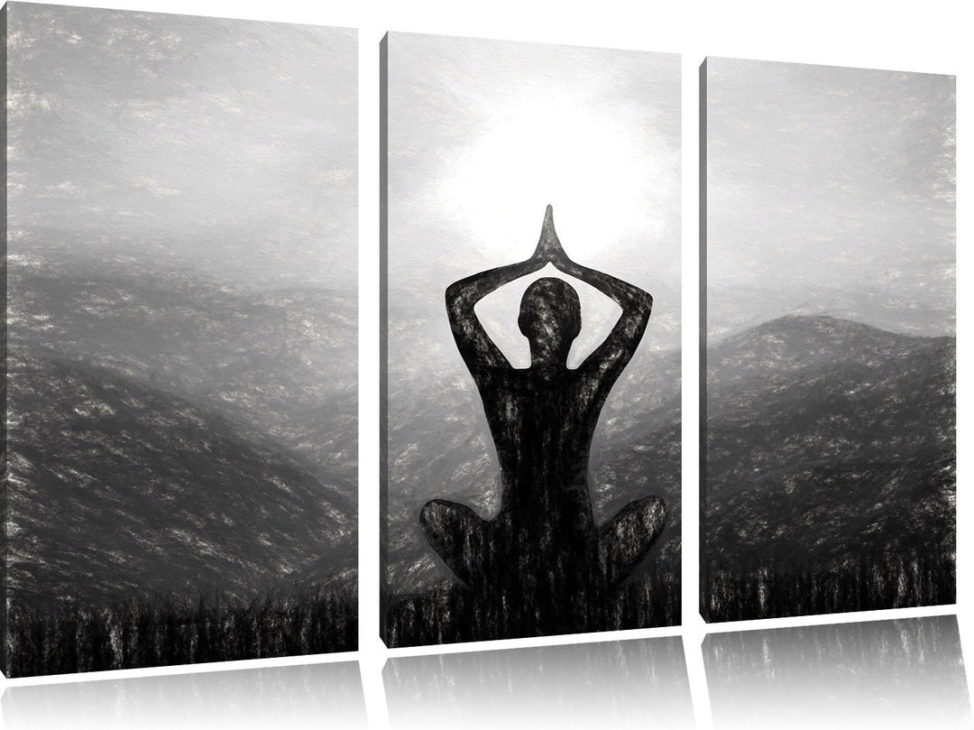 Pixxprint Yoga und Meditation in den Bergen Kunst Kohle Effekt 3-Teiler Leinwandbild 120x80 Bild auf