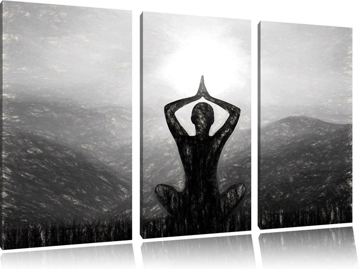 Pixxprint Yoga und Meditation in den Bergen Kunst Kohle Effekt 3-Teiler Leinwandbild 120x80 Bild auf