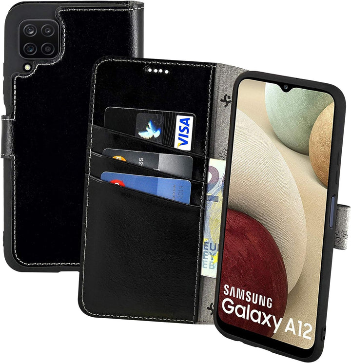 Suncase Book-Style Hülle kompatibel mit Samsung Galaxy A12 Leder Tasche (Slim-Fit) Lederhülle Handyt