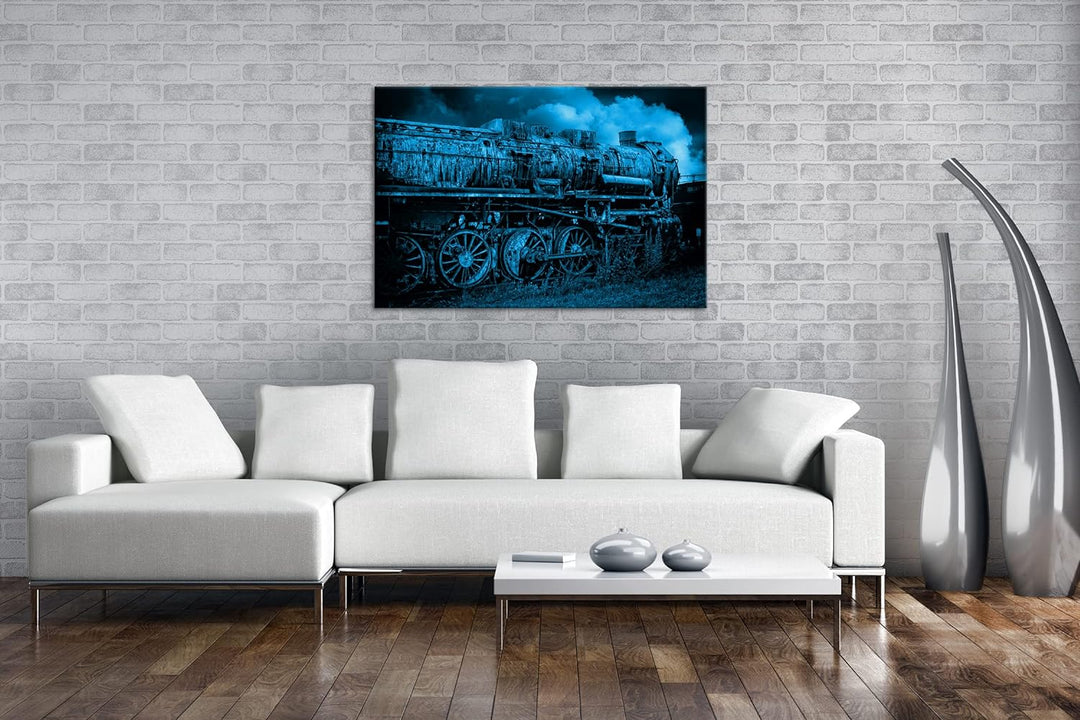 deyoli uralte Dampflokomotive Format 80x60 Effekt: Monocrome Blau als Leinwandbild, Motiv fertig ger