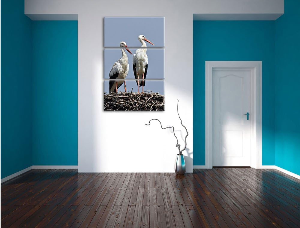 Pixxprint Zwei stolze Störche im Nest 3-Teiler Leinwandbild 120x80 Bild auf Leinwand, riesige Bilder
