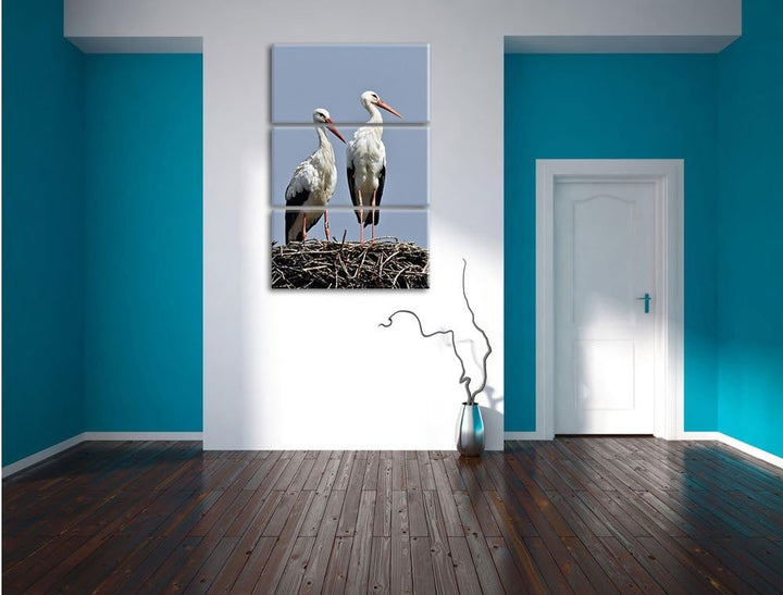 Pixxprint Zwei stolze Störche im Nest 3-Teiler Leinwandbild 120x80 Bild auf Leinwand, riesige Bilder