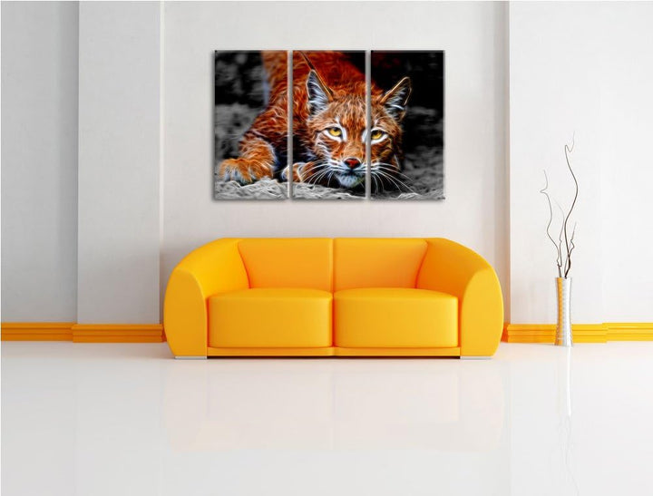 grosser wachsamer Luchs schwarz/weiss Deluxe 3-Teiler Leinwandbild 120x80 Bild auf Leinwand, XXL rie