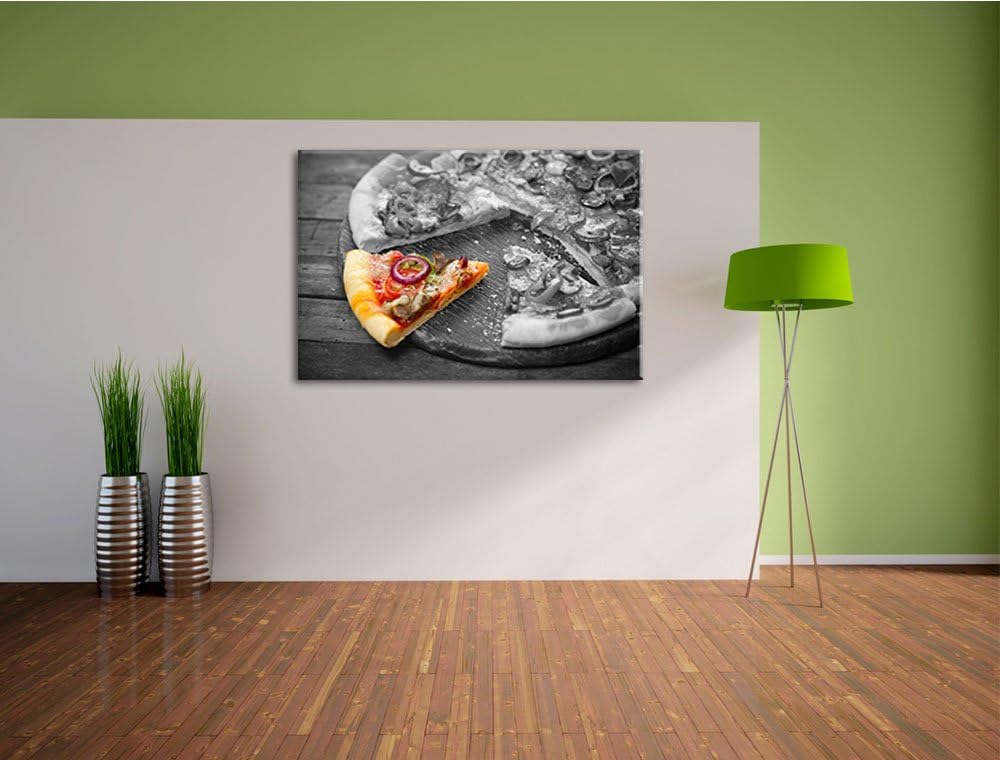 geschnittene Pizza auf Holzbrett schwarz/weiss Format: 100x70 auf Leinwand, XXL riesige Bilder ferti